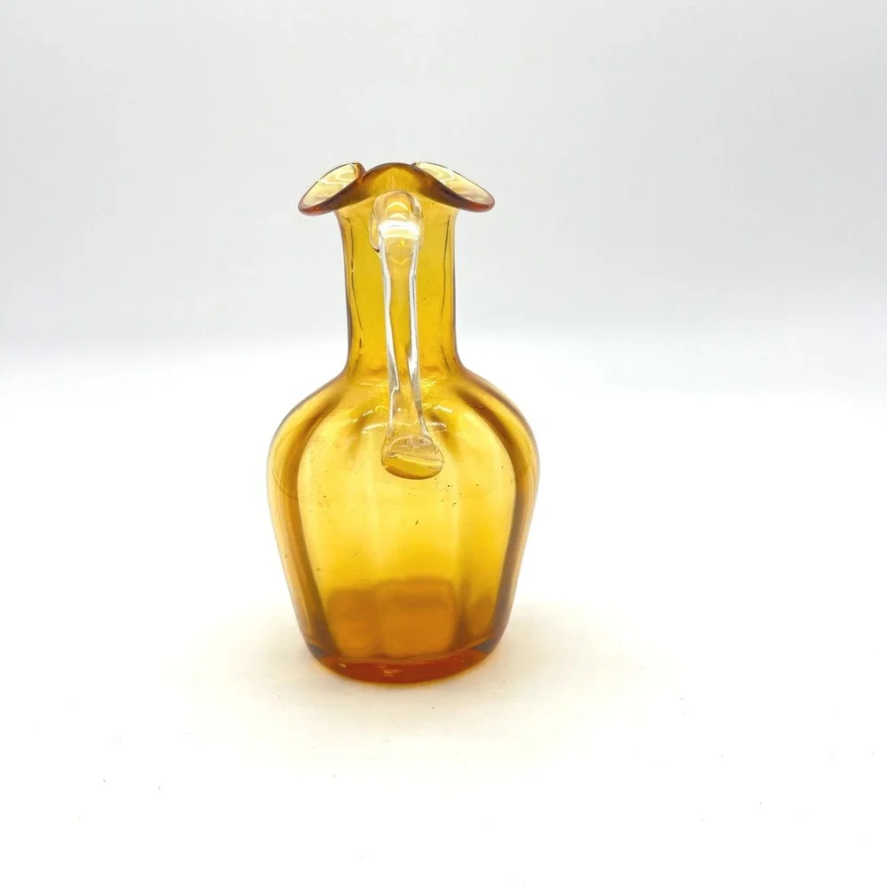 Amber Blown‎ Glass Mini Pitcher Small Decorative Carafe with Handle Fluted Rim